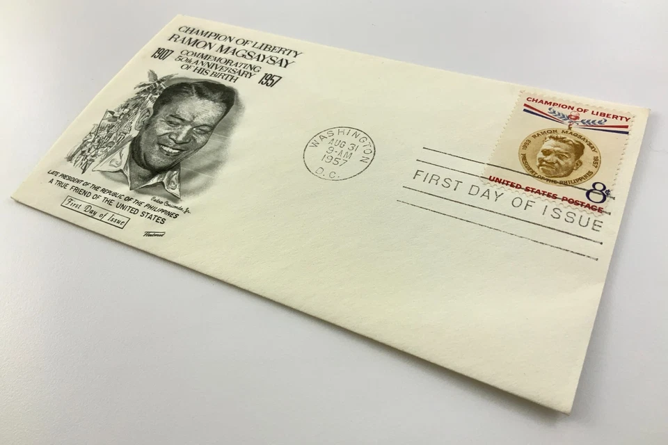 Ramon Magsaysay 50th Anniversary Philippines USA Fleetwood FDC 1957 EE077 - Image 3 of 4