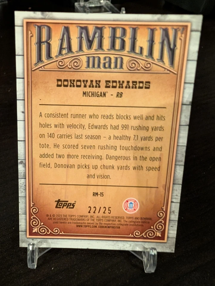 Donovan Edwards Orange Ramblin Man /25 2023 Bowman Chrome U University - Image 2 of 2