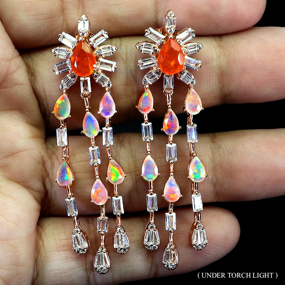 925 Sterling Silver Earrings Pear Orange Fire Opal 7x5mm Fire Opal Gems Jewelry