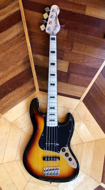 NEW Vintage 5-String VJ75 ReIssued Maple Fingerboard Elec. Bass Guitar ~Sunburst