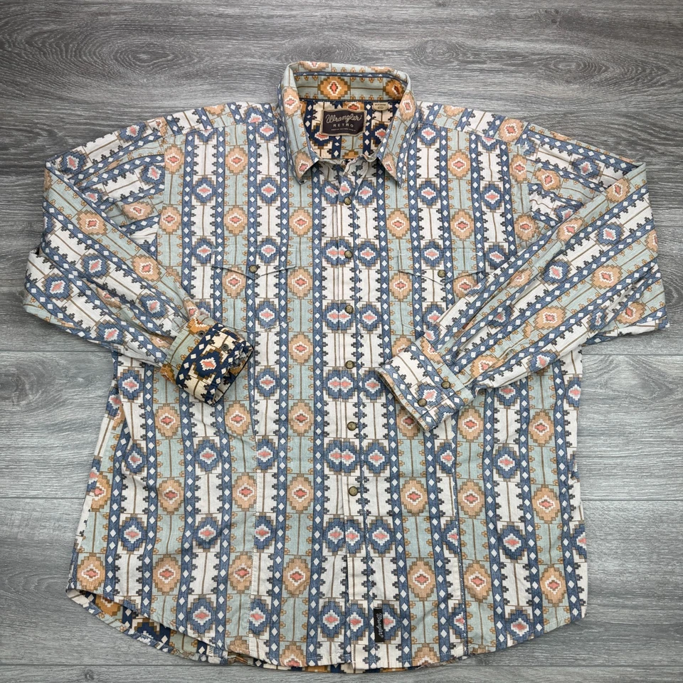 Wrangler Retro Shirt Mens XXL Pearl Snap Brushpopper Southwestern Aztec Rodeo - Image 2 of 4