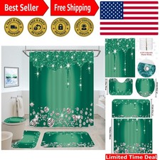 4-Piece Deep Green Glitter Diamond Shower Curtain Set with Rugs Toilet Cover