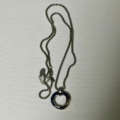 Silver stainless steel necklace with blue gradient circle pendant, casual style,