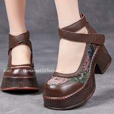 Thick Sole Mary Janes Womens Leather Round Toe Vintage Platform Pumps Shoes Hot