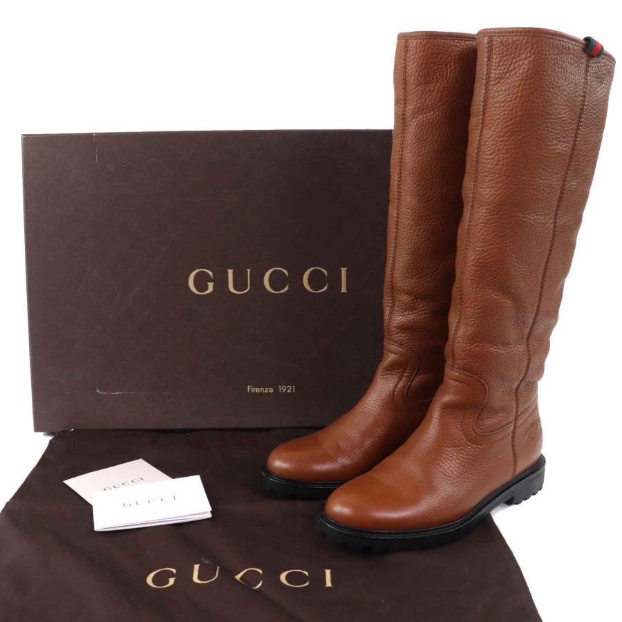 GUCCI Women's Long Round-Toe Leather Boots Size:35/JP:22 Brown 141197K Authentic thumbnail 2
