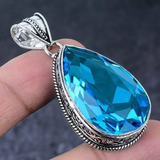 Natural Swiss Blue Topaz Handmade 925 Sterling Silver Jewelry Pendant 2.17" I388