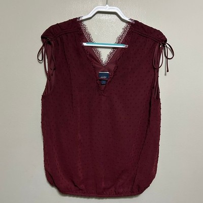Daytrip Womens Blouse XXL Burgundy Sleeveless Lace V-Neck Top Textured Swiss Dot