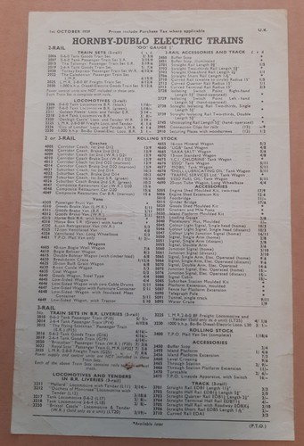 LISTA DE PRECIOS MECCANO HORNBY & DUBLO OCT 1959 G+ 16/1059/145 3P | Zustand: Good