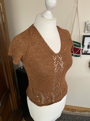 Luisa Cerano Ajour Kurzarm Strick Pullover Gr. 34 Farbe Cognac mit etwas Gold
