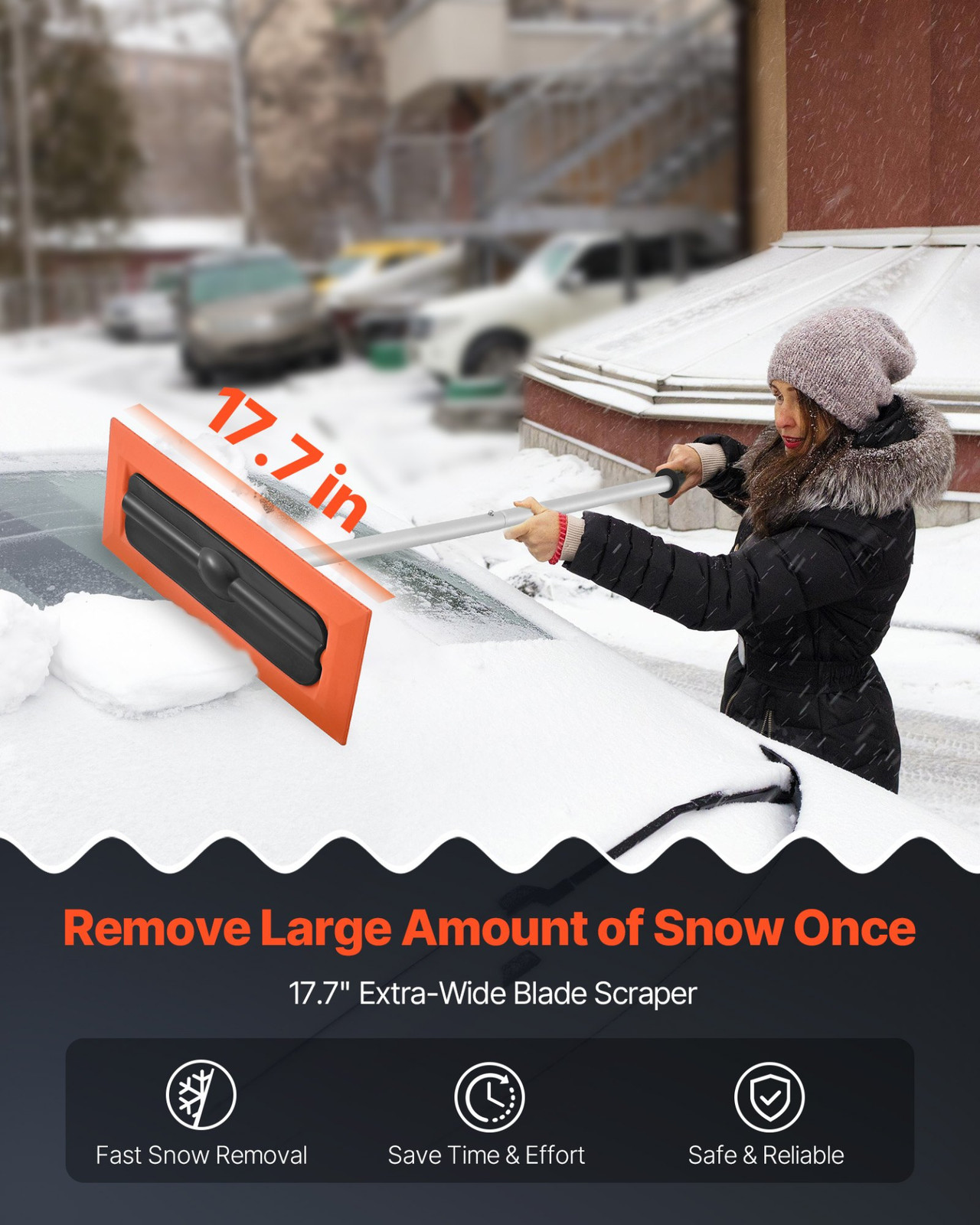 Snow Roof Rake, 4ft Long Reach Car Roof Snow Scraper, 17.7 in Foam Blade for No