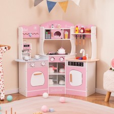 Corner Wooden Play Kitchen Coffee Machine Slide Kids Pink Toy Pretend Food Fun
