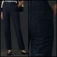 Pilcro Utility Slim Straight-Leg Jeans Size 31 Dark Denim Frayed Ankle Trouser