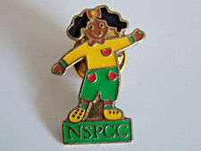 NSPCC pin badge girl with black hair and outstretched arms