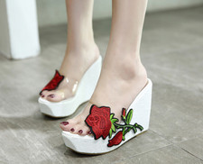 Summer Lady Wedge Platform Heel Rose Transparent Female Sandals Slippers 34-40