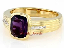 Natural Amethyst & CZ Gemstone With 14K Gold Plated Silver Men's Ring #495