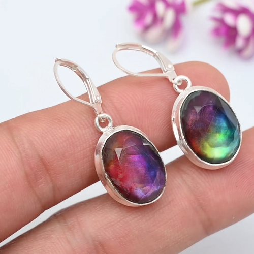Natural Ammolite Gemstone Handmade 925 Sterling Silver Jewelry Earring Love Gift - Video 1 of 1