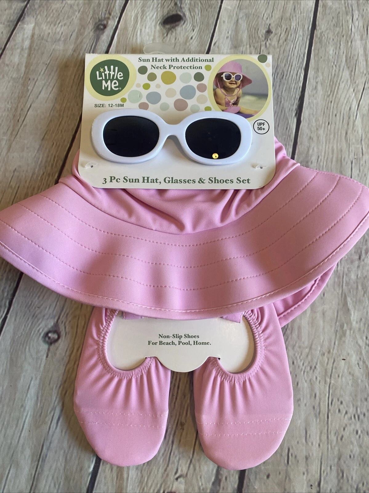 Little Me 3 Piece Pink Sun & UPF 50+Hat And Glasses Non-Slip Shoe Set Beach NEW