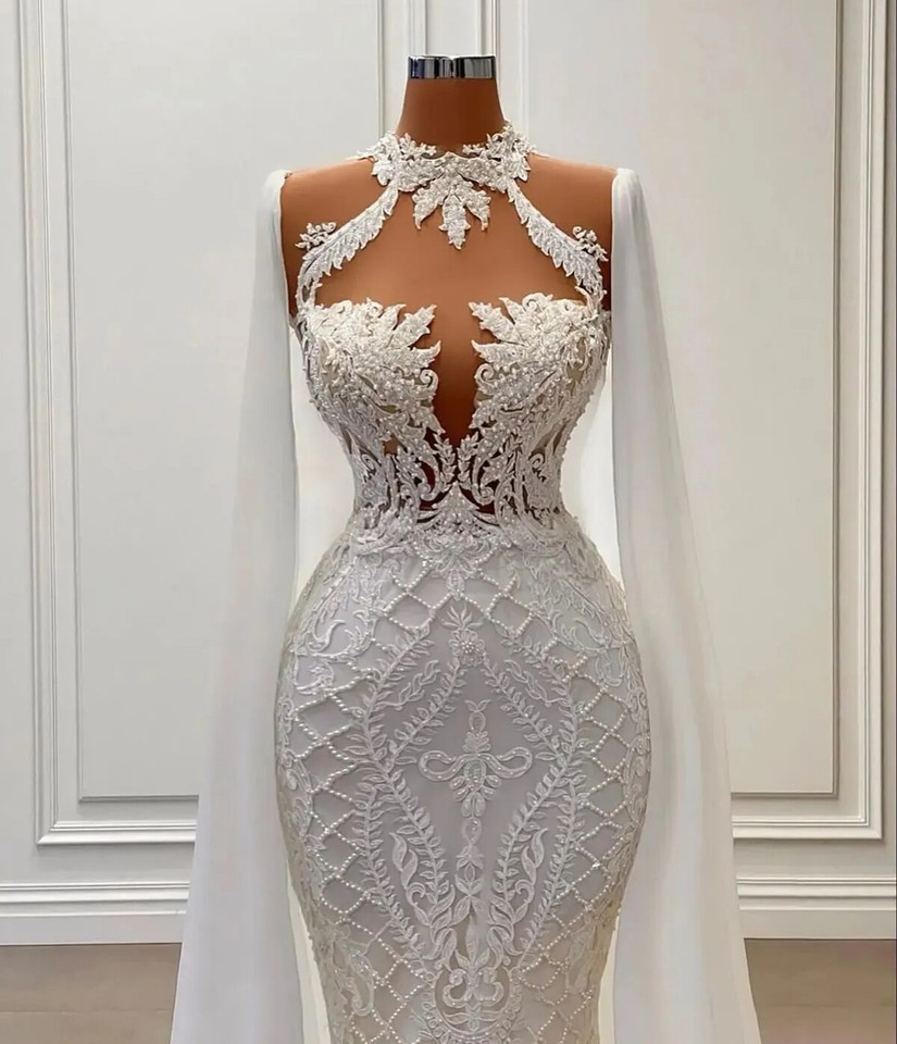 Luxury Mermaid Wedding Dresses Halter Neck Cap Sleeve Satin Applique