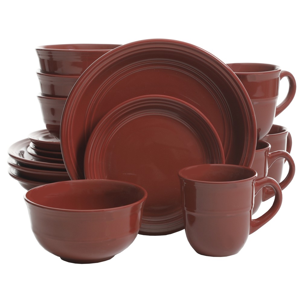 16-Piece Dinnerware Set Stoneware Bowls Plates Mugs Dishes Dinner Kitchen Red US