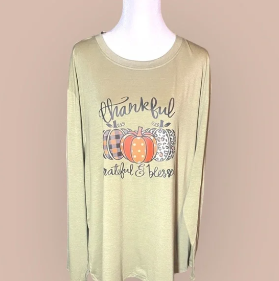 Womens Plus Size fall T-Shirt Leopard Pumpkin Print Long Sleeve Round Neck green