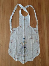 Vintage Full Apron Pinafore Embroidered Lady Flowers AS IS Flaws Ripped
