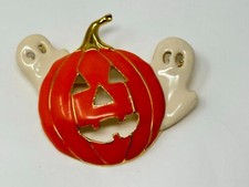 Halloween Goldtone Orange White Enamel Jack O Lantern Pumpkin Ghost Pin Brooch