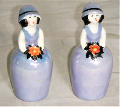 Old Noritake Deco Lady Red Flower Flapper Girl Salt & Pepper Shaker