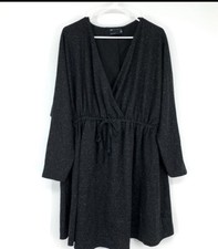 ASOS Dress Womens Size 14 Black Speckled V Neck Faux Wrap Long Sleeve Knit