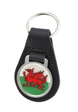 Welsh Dragon Flag Quality Black Leather Round Keyring