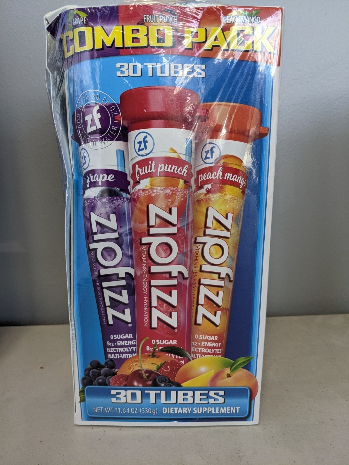 Zipfizz Healthy Energy Drink Mix Combo Pack 30 Tubes - Grape, Fruit Punch, Peach