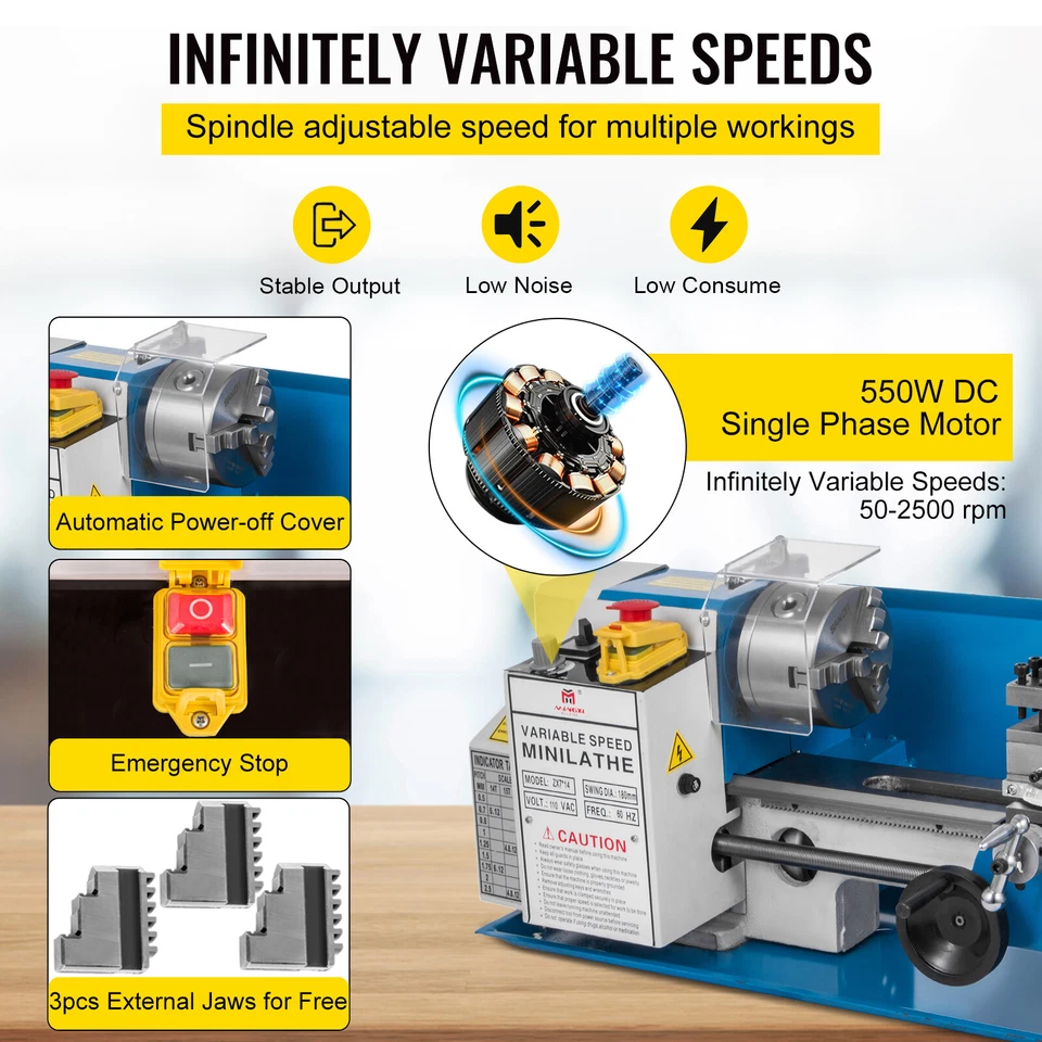 VEVOR Mini Tornio in Metallo da Banco Velocità Regolabile con 3 Griffe - Immagine 4 di 4