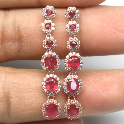 Red Ruby Dangle Drop Earrings 925 Sterling Silver Rose Gold Plated Halo CZ