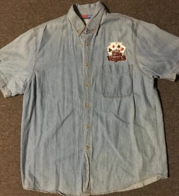 Vtg 90s Las Vegas Cards Denim Shirt XL Jean Casino Strip Gambling Poker USA Bar