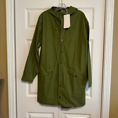 RAINS Womens Olive Green Hooded Rain Jacket SZ M/L NWT. Snap Closures 2 Pockets 