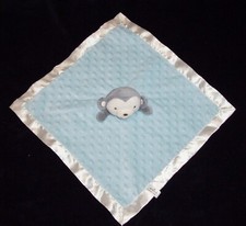 Hallmark Blue Gray Minky Dot Monkey Baby Blanket Satin Trim Back Security Lovey