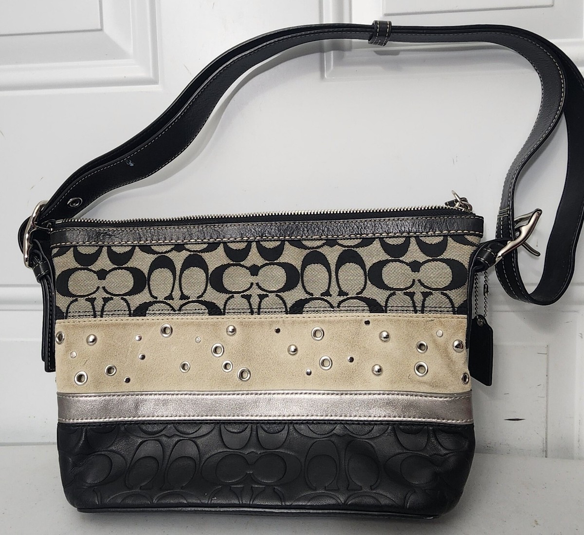 Coach Duffle Black Suede/Canvas Leather Shoulder Bag (J0820-F13078