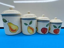 Over and Back Apple Motif Stoneware Canisters 4pcs. lidsPot Jar Made in Portugal