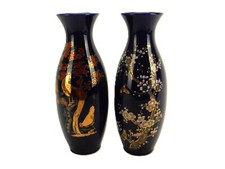 Set of 2 Cobalt Blue Vases, Bowling Pin Body, Flare Rim, Gold Peacocks & Flowers