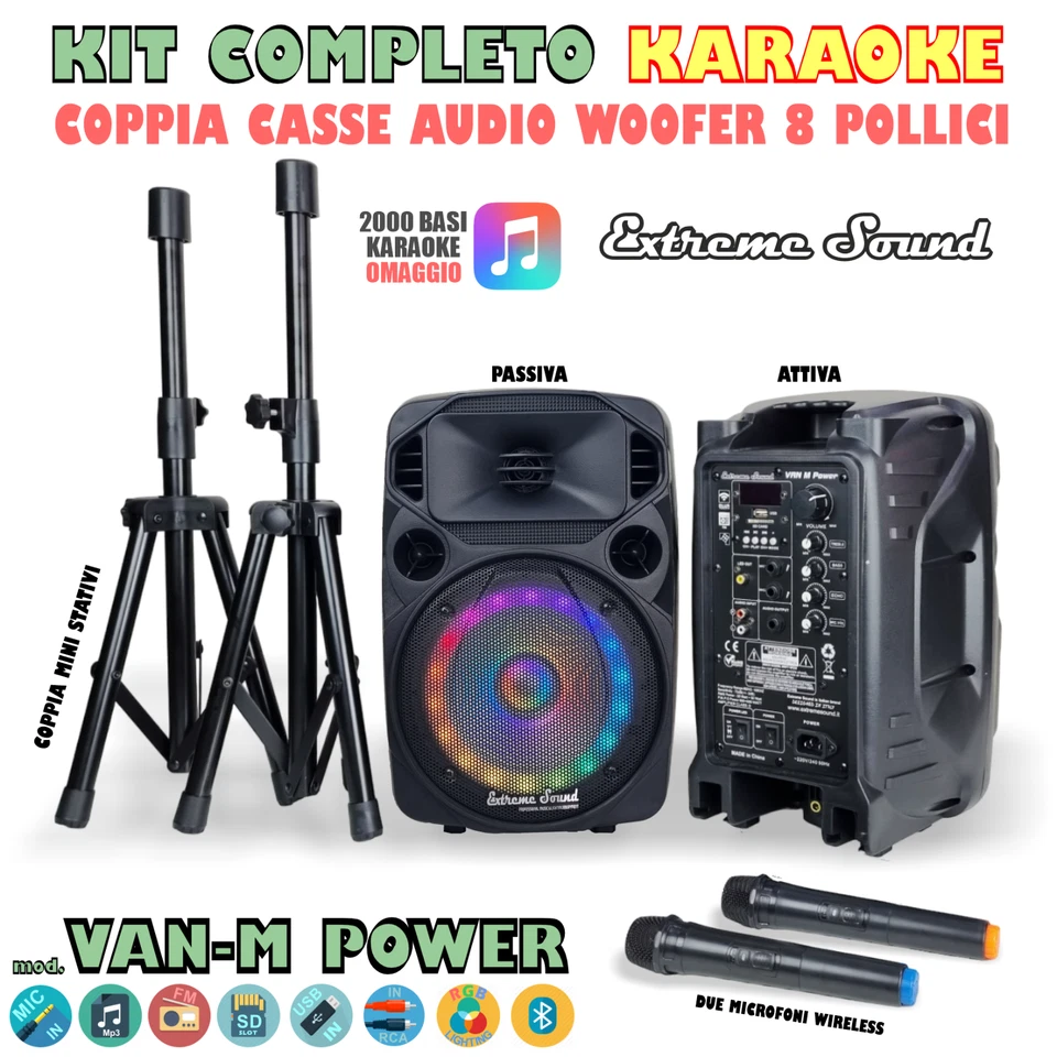 CASSE AUDIO AMPLIFICATE MINI KIT Karaoke BLUETOOTH RADIO 2 STATIVI e 2 MIC - Immagine 3 di 4