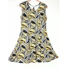 Keren Hart Dress Women S Yellow Grey Abstract Swirl Fit/Flare Keyhole Boho 70's