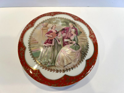 Vtg Limoges France Porcelain Box Fragonard Victorian Scene 6'' Orange