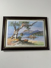 Quadro acquerello firmato con cornice paesaggio marino greco scena vista montagna