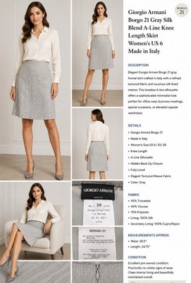 Giorgio Armani Borgo 21 Gray Silk Blend A-Line Knee Length Skirt Women s US 6