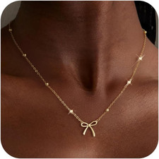 Valentines Day Gifts for Her - Dainty Bow Necklace for Women 14K Gold Plated Cut