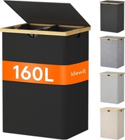 Lifewit 160L Bambus WäSchekorb Faltbar Mit Deckel 2 FäCher Dunkelschwarz