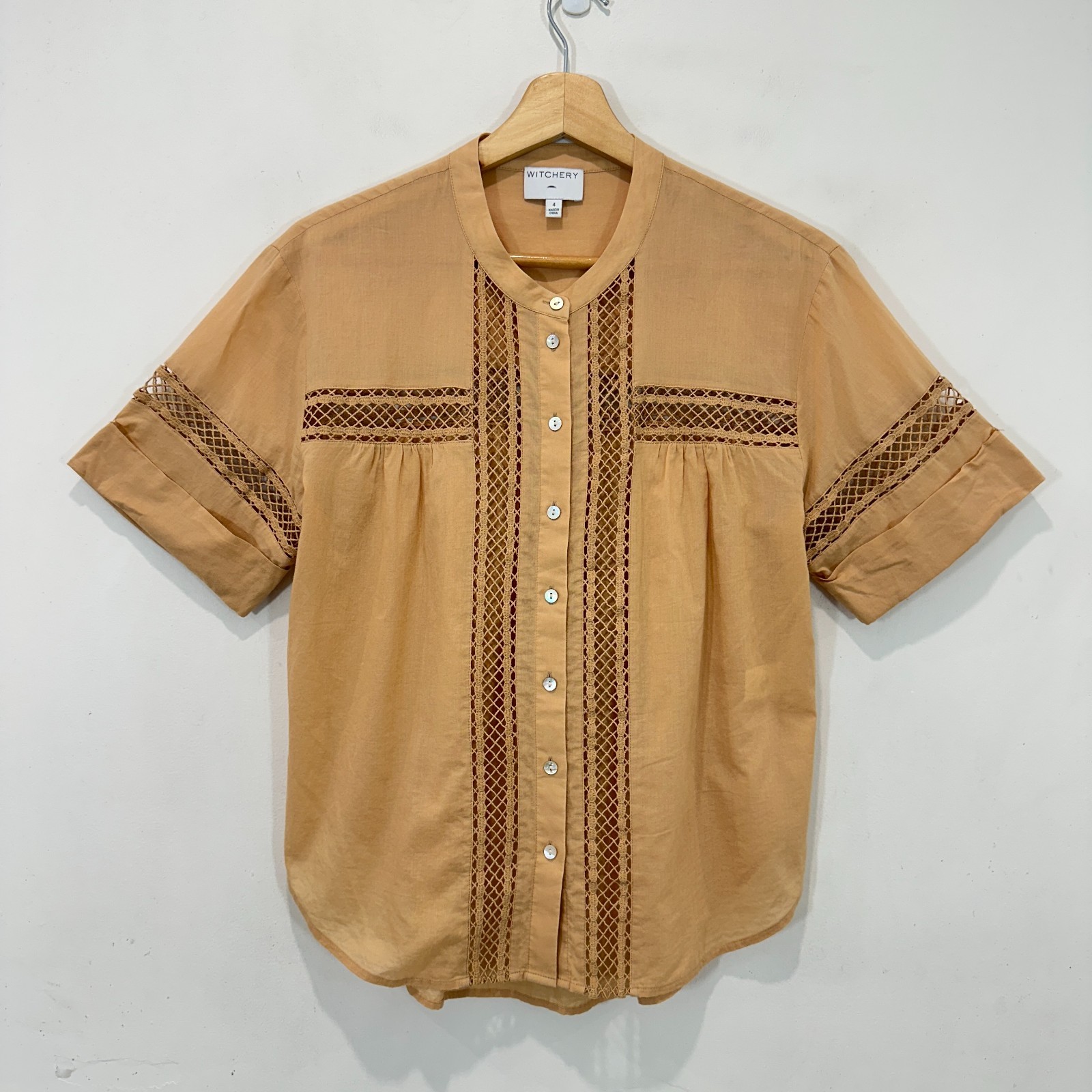 Witchery Top Women AU 4 Brown Button Up Crochet Detail Cotton