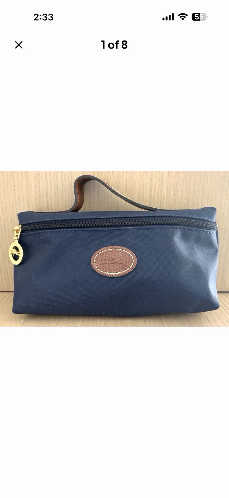 Longchamp Navy Le Pliage Cosmetic Pouch Toiletry Bag Travel Canvas /Leather Mini