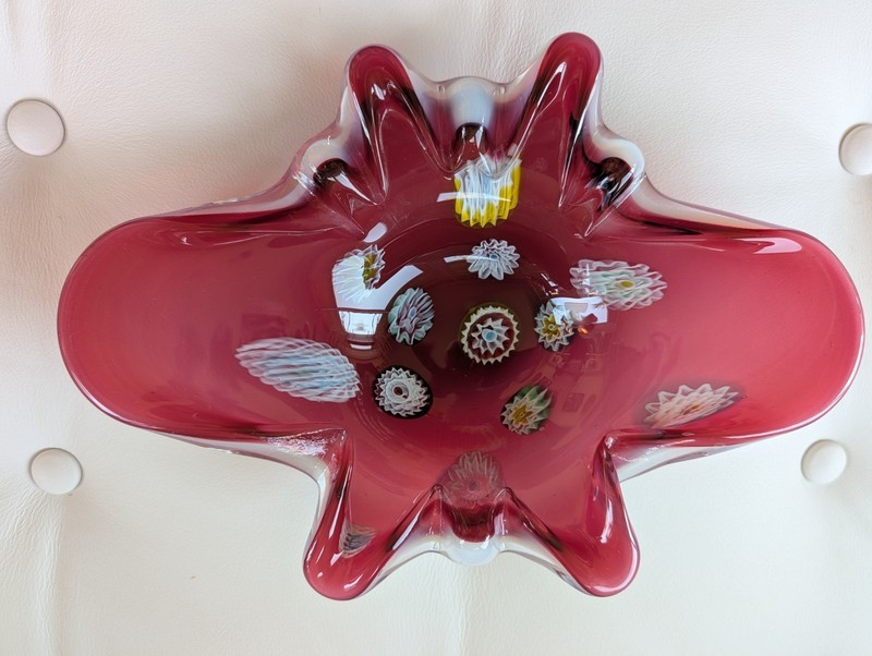 Murano Fratelli Toso Cranberry Millefiori Butterfly Art Glass Bowl Ashtray 11"