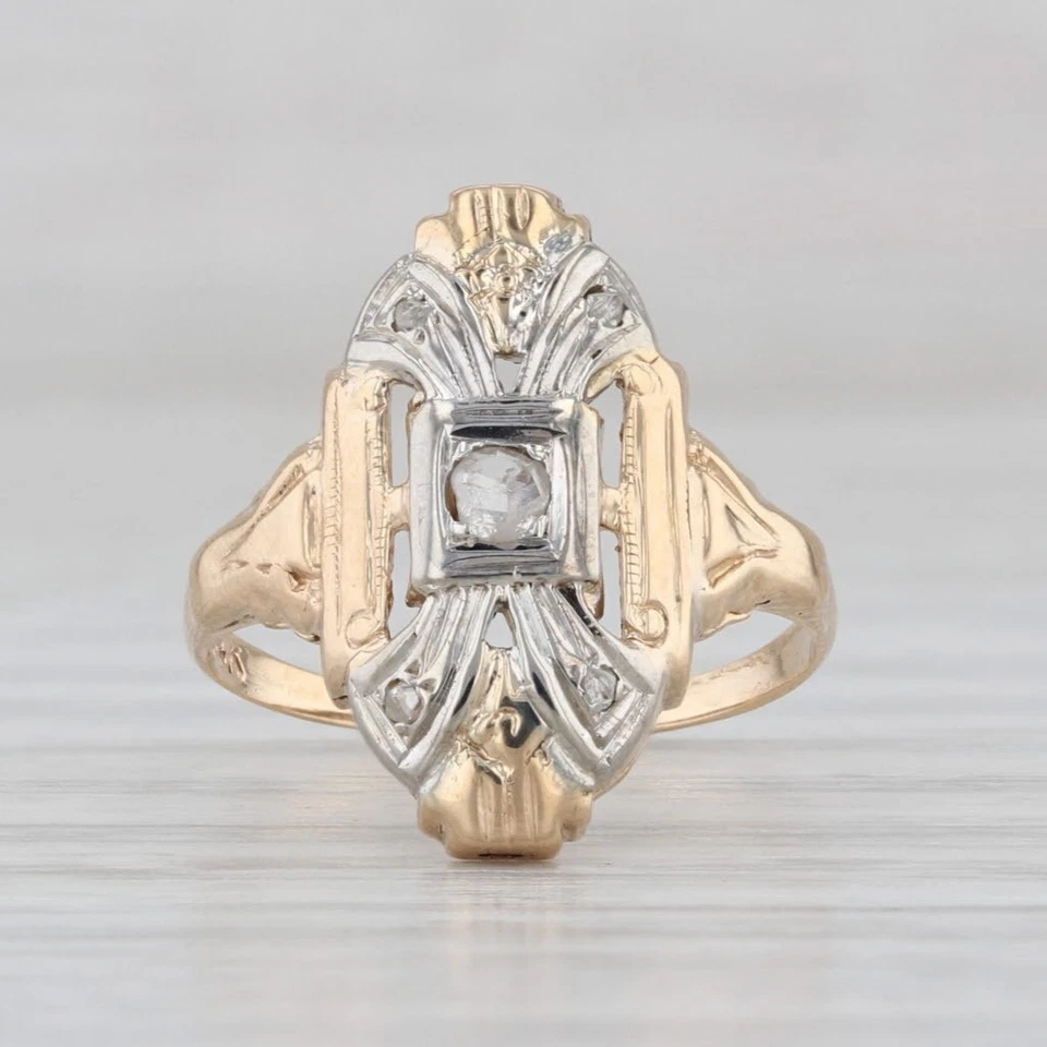 Art Deco Rose Cut Diamond Solitaire Ring 14k Yellow White Gold Size 4.5 - Image 2 of 4