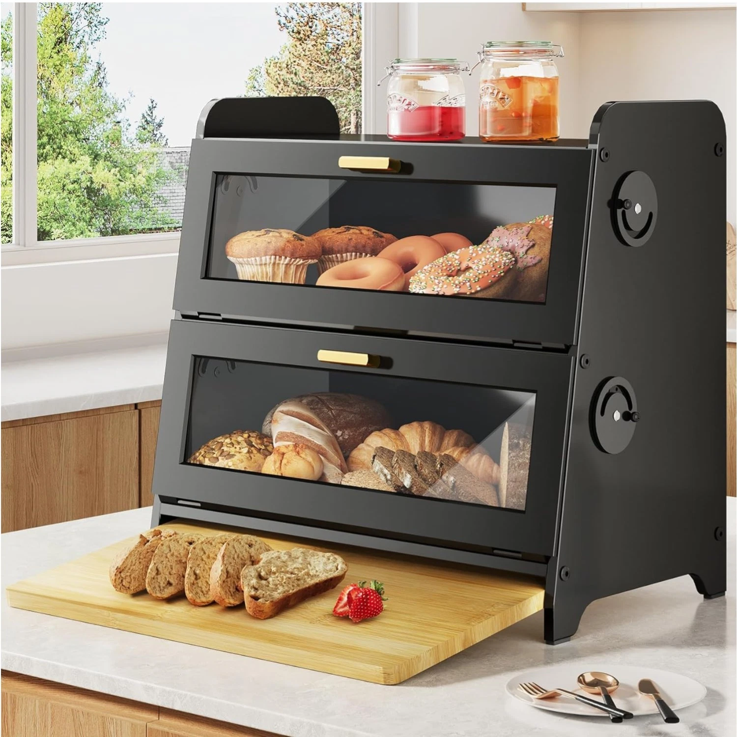 Bread Box - Kitchen Countertop Bread Storage Container with Bamboo Cutting Bo...